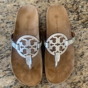 New Tory Burch Miller Cloud Metallic Goat Leather/Cork Sandals